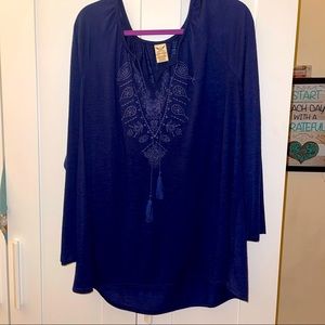 Navy Blue Blouse with Embroidered Design on Front